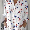 Red Blue Star Print Roll Sleeve Button Shirt